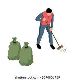 Composición isométrica de reciclaje de residuos de basura con caracter masculino barrido calle con bolsas de basura ilustración vectorial