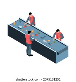 Isometric Garbage Waste Recycling Composition With Industrial Conveyor Line And People Sorting Litter Manually Vector Illustration