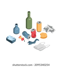 Isometric garbage waste recycling composition with isolated images of pieces of unsorted litter vector illustration