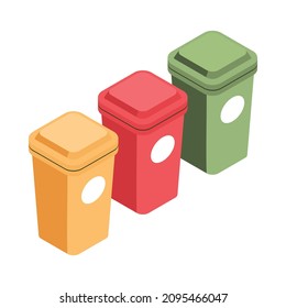 Isometric garbage waste recycling composition with row of colorful trash bins for sorted litter vector illustration