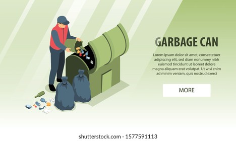 Fondo de Anuncio Horizontal de reciclaje de residuos de basura isométrica con carácter humano que deja caer la basura en la lata con Ilustración vectorial de texto