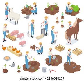 Isometric garden agriculture elements, farmers and domestic animals. Agricultural farm workers and farm animals vector illustration set. Farm characters and equipment. Domestic farmer and agriculture