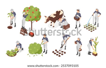 Isometric garden agriculture elements. Farmers collect harvest, fruits and vegetables. Workers with cow and chicken, farm animals, flawless vector set