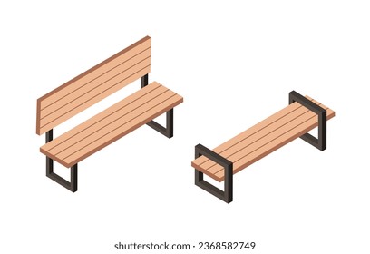 Isometric garden bench concept. Decor and interior for backyard. Wooden outdoor furniture. Poster or banner for website. Cartoon 3D vector illustration isolated on white background