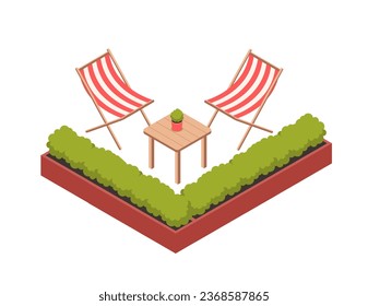 Das Konzept der isometrischen Gartenstühle. Dekor und Inneneinrichtung für Café oder Restaurant, Hinterhof. Komfort und Gemütlichkeit im Freien. Cartoon 3D Vektorgrafik einzeln auf weißem Hintergrund