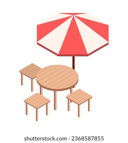 Isometric garden chairs and umbrella. Decor and interior element for backyard. Wooden furniture outdoor. Poster or banner for website. Cartoon 3D vector illustration isolated on white background