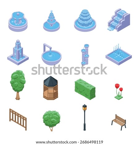 Isometric garden elements. Outdoor design architecture 3d objects. Fountains with water, bush, hedge and wooden fence, bench. Urban nifty vector set