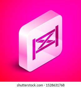 Isometric Garden fence wooden icon isolated on pink background. Silver square button. Vector Illustration