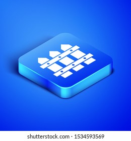 Isometric Garden fence wooden icon isolated on blue background. Blue square button. Vector Illustration