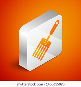 Isometric Garden fork icon isolated on orange background. Pitchfork icon. Tool for horticulture, agriculture, farming. Silver square button. Vector Illustration