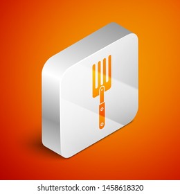 Isometric Garden fork icon isolated on orange background. Pitchfork icon. Tool for horticulture, agriculture, farming. Silver square button. Vector Illustration