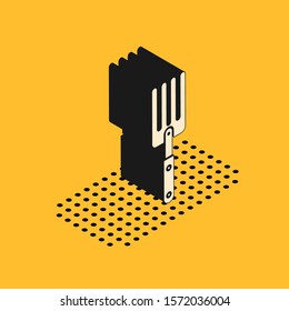 Isometric Garden fork icon isolated on yellow background. Pitchfork icon. Tool for horticulture, agriculture, farming.  Vector Illustration