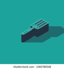 Isometric Garden fork icon isolated on green background. Pitchfork icon. Tool for horticulture, agriculture, farming.  Vector Illustration