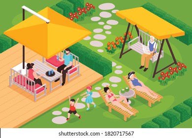 Composición de muebles de jardín isométricos con paisaje de patio trasero al aire libre y personas de diferentes edades con buen tiempo ilustración vectorial