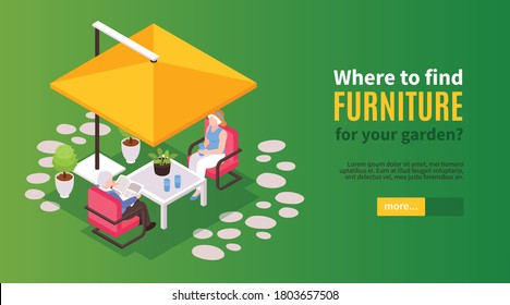 Isometric garden furniture horizontal banner with text slider button and elderly couple sitting under tent cap vector illustration