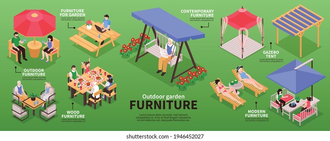 Isometric garden furniture infographics with editable text captions arrows and images of wooden lounge and tents vector illustration