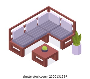 Isometric garden furniture set. Chairs and coffee table, comfortable backyard or terrace furniture 3d vector illustration