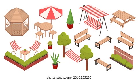 Isometric garden furniture set. Chairs, swing and bench near tree in pot. Equipment for rest and relaxation at backyard. Cartoon 3D vector collection isolated on white background