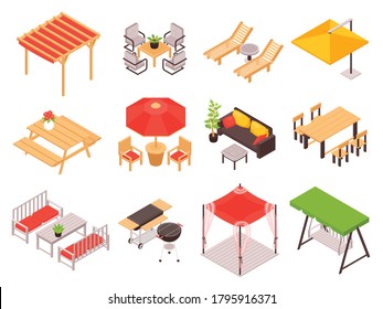 Isometric garden furniture terrace outdoor set with isolated tent images wooden tables lounge and bench swing vector illustration