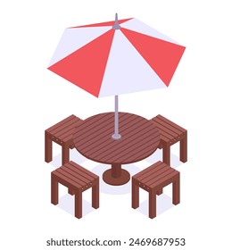 Isometric garden furniture and umbrella. Backyard wooden chairs and table with umbrella 3d vector illustration. Comfortable wooden terrace furniture