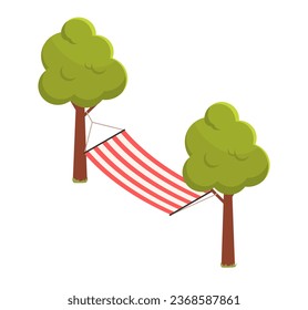 Isometric garden hammock concept. Decor and interior element for backyard. Bed for rest and relaxation, outdoor leisure. Cartoon 3D vector illustration isolated on white background