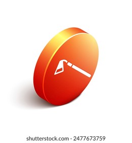 Isometric Garden hoe icon isolated on white background. Tool for horticulture, agriculture, farming. Orange circle button. Vector