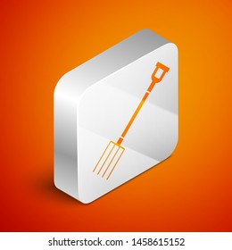 Isometric Garden pitchfork icon isolated on orange background. Garden fork sign. Tool for horticulture, agriculture, farming. Silver square button. Vector Illustration
