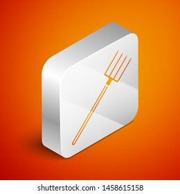 Isometric Garden pitchfork icon isolated on orange background. Garden fork sign. Tool for horticulture, agriculture, farming. Silver square button. Vector Illustration