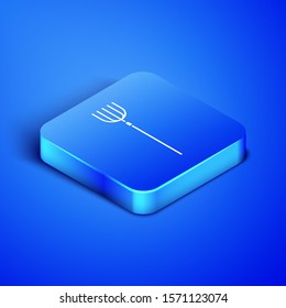Isometric Garden pitchfork icon isolated on blue background. Garden fork sign. Tool for horticulture, agriculture, farming. Blue square button. Vector Illustration