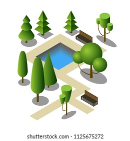 Isometric garden with the pond