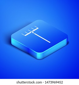 Isometric Garden rake icon isolated on blue background. Tool for horticulture, agriculture, farming. Ground cultivator. Housekeeping equipment. Blue square button. Vector Illustration