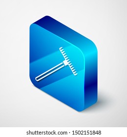 Isometric Garden rake icon isolated on white background. Tool for horticulture, agriculture, farming. Ground cultivator. Housekeeping equipment. Blue square button. Vector Illustration