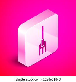 Isometric Garden rake icon isolated on pink background. Tool for horticulture, agriculture, farming. Ground cultivator. Housekeeping equipment. Silver square button. Vector Illustration