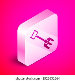Isometric Garden rake icon isolated on pink background. Tool for horticulture, agriculture, farming. Ground cultivator. Housekeeping equipment. Silver square button. Vector Illustration