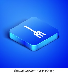 Isometric Garden rake icon isolated on blue background. Tool for horticulture, agriculture, farming. Ground cultivator. Housekeeping equipment. Blue square button. Vector Illustration