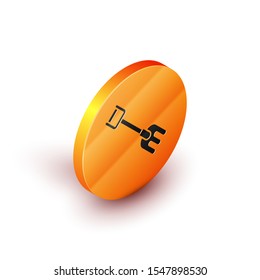 Isometric Garden rake icon isolated on white background. Tool for horticulture, agriculture, farming. Ground cultivator. Housekeeping equipment. Orange circle button. Vector Illustration