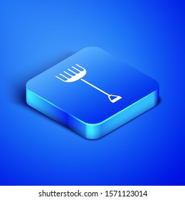 Isometric Garden rake icon isolated on blue background. Tool for horticulture, agriculture, farming. Ground cultivator. Housekeeping equipment. Blue square button. Vector Illustration
