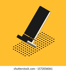 Isometric Garden rake icon isolated on yellow background. Tool for horticulture, agriculture, farming. Ground cultivator. Housekeeping equipment.  Vector Illustration