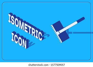 Isometric Garden rake icon isolated on blue background. Tool for horticulture, agriculture, farming. Ground cultivator. Housekeeping equipment.  Vector Illustration