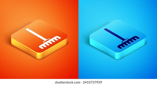 Isometric Garden rake icon isolated on orange and blue background. Tool for horticulture, agriculture, farming. Ground cultivator. Housekeeping equipment.  Vector