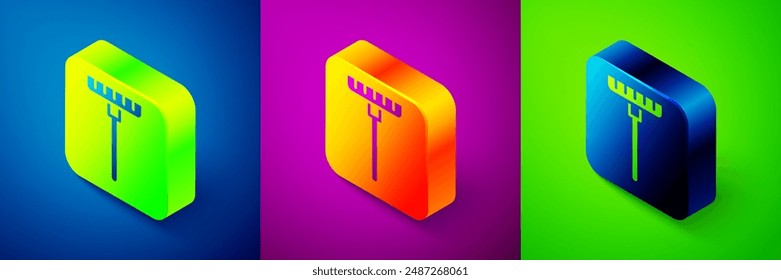 Isometric Garden rake icon isolated on blue, purple and green background. Tool for horticulture, agriculture, farming. Ground cultivator. Housekeeping equipment. Square button. Vector