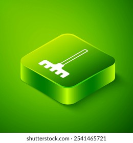 Isometric Garden rake icon isolated on green background. Tool for horticulture, agriculture, farming. Ground cultivator. Housekeeping equipment. Green square button. Vector