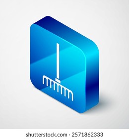 Isometric Garden rake icon isolated on grey background. Tool for horticulture, agriculture, farming. Ground cultivator. Blue square button. Vector