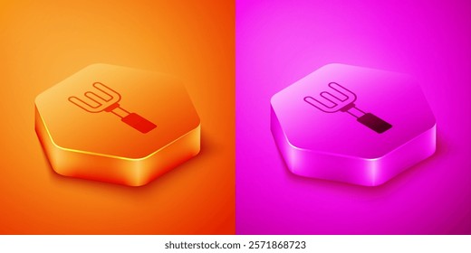 Isometric Garden rake icon isolated on orange and pink background. Tool for horticulture, agriculture, farming. Ground cultivator. Housekeeping equipment. Hexagon button. Vector