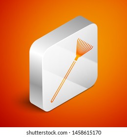 Isometric Garden rake for leaves icon isolated on orange background. Tool for horticulture, agriculture, farming. Ground cultivator. Silver square button. Vector Illustration