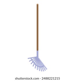 Isometric garden rake standing on its metal teeth with a wooden handle