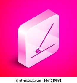 Isometric Garden rake in work icon isolated on pink background. Tool for horticulture, agriculture, farming. Ground cultivator. Silver square button. Vector Illustration