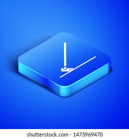 Isometric Garden rake in work icon isolated on blue background. Tool for horticulture, agriculture, farming. Ground cultivator. Blue square button. Vector Illustration