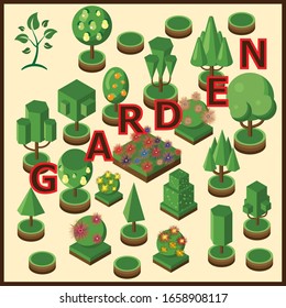 Conjunto de jardín isométrico, ilustración vectorial. Árboles verdes, arbustos y flores para el juego o el mapa. Cartas de título para la portada de la tienda de jardinería, la tienda de jardinería póster venta de verano