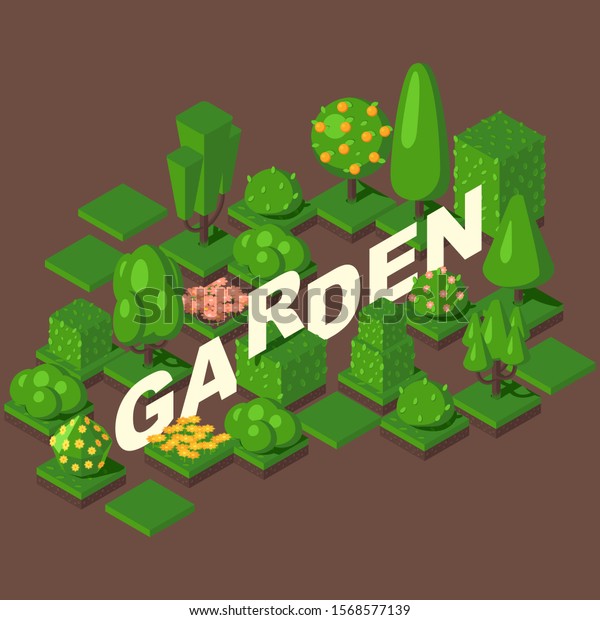Isometric Garden Set Vector Illustration Green Stock Vector